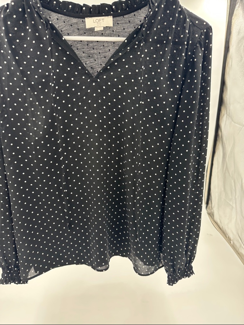 LOFT Black Polka Dot V-Neck Long Sleeve Blouse